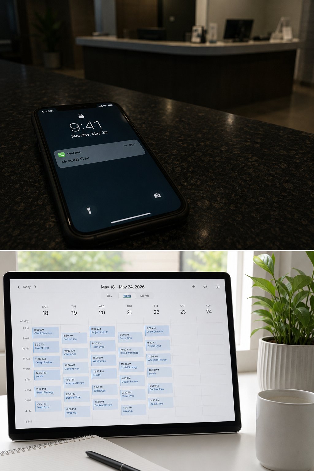 Missed call notification contrasted with a fully booked appointment calendar