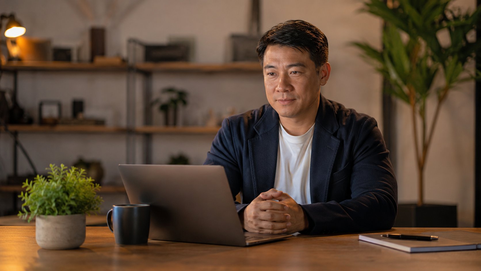 Business owner experiencing relief while reviewing results on a laptop