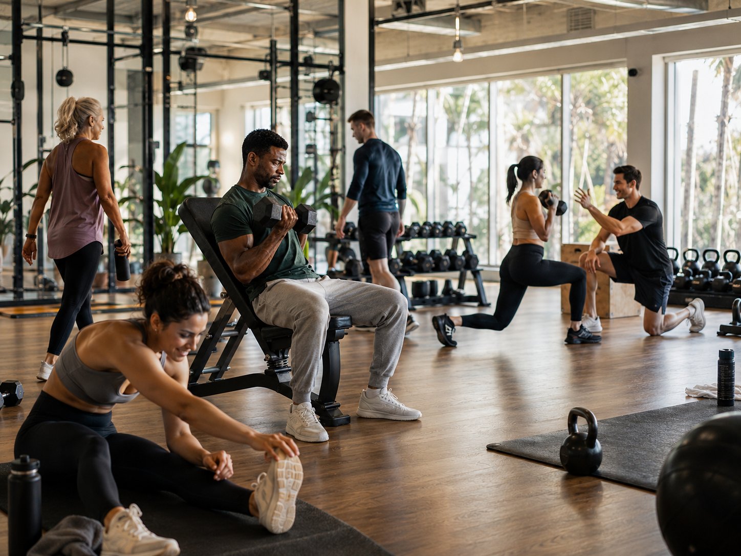 Diverse group of people energized in a modern fitness studio
