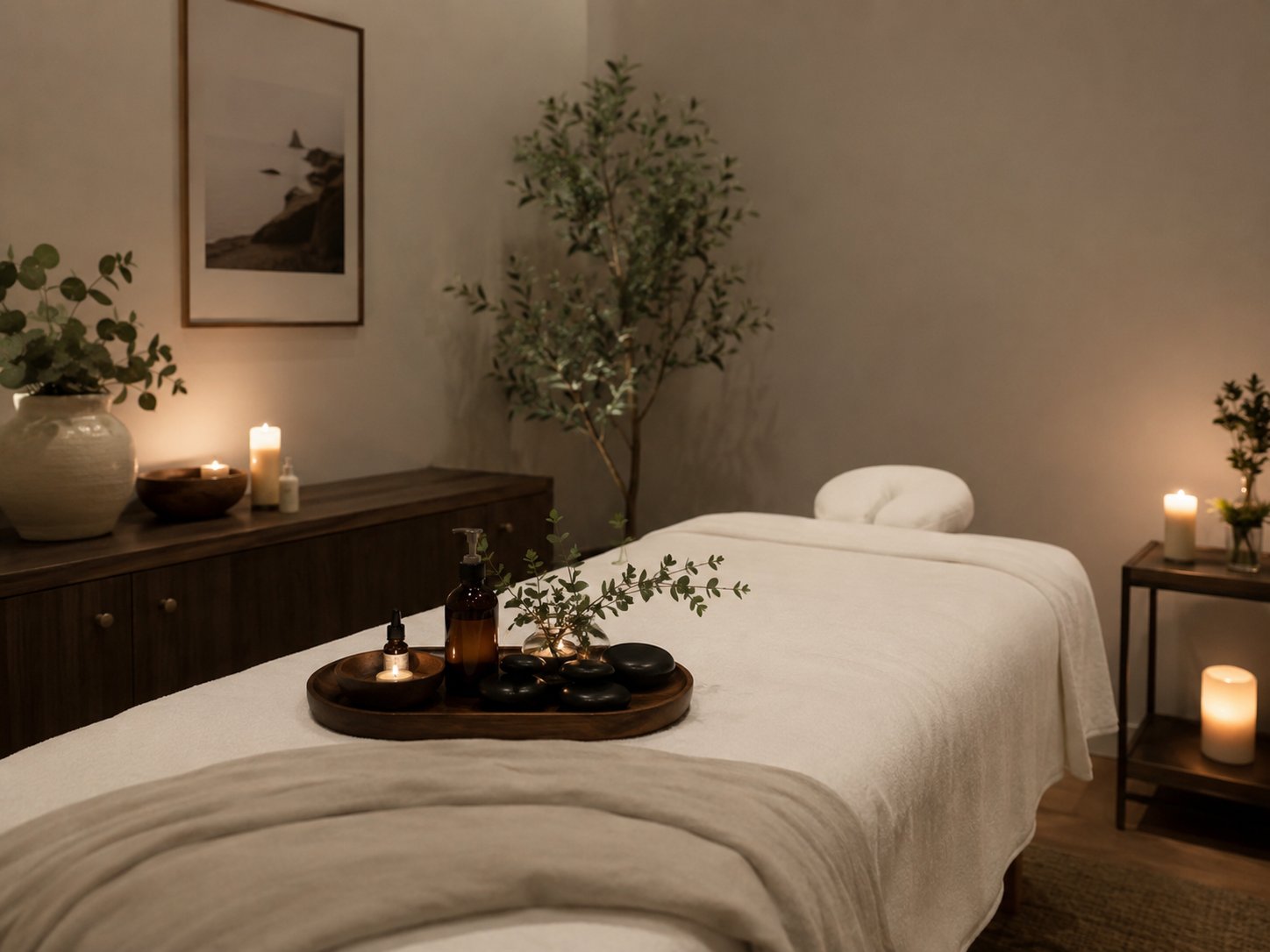 Serene wellness treatment room with warm ambient lighting