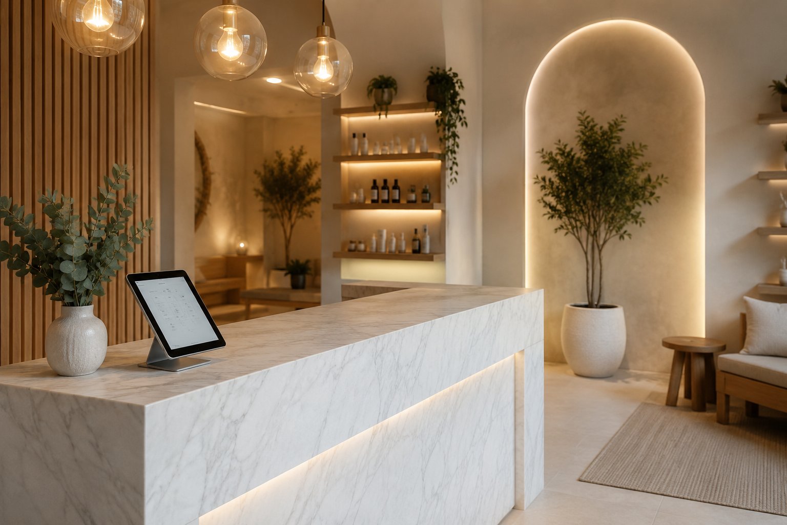 Clean modern wellness studio reception area with booking tablet